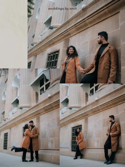This collage showcases various poses against a grand, stone building in Mumbai, capturing both playful and romantic moments during an urban pre-wedding shoot.