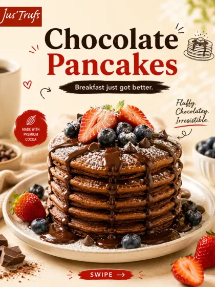 Our pancake serving illustration pairs a stack with chocolate and fruit, one of our Hot Chocolate Mix recipe ideas.