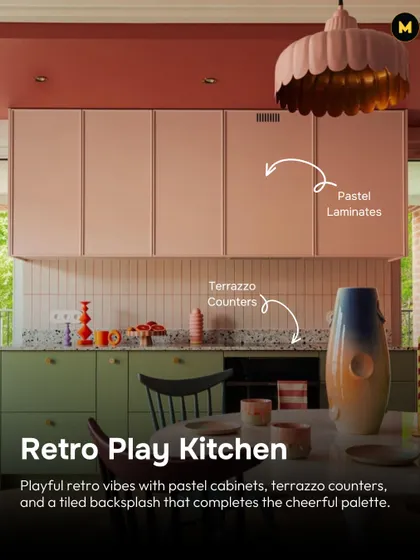 For a playful, retro vibe, this kitchen uses pastel laminates, terrazzo counters, and a simple tiled backsplash. The cheerful color palette creates a fun and inviting atmosphere.