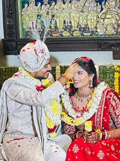 A tender moment during Vishal and Neha's wedding ceremony. Having met through our platform, their connection, rooted in seva and sadhana, blossomed into a lifetime commitment.