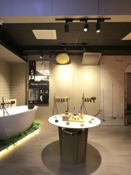 For the Fima luxury bathroom showroom, I designed a series of immersive vignettes. This overview shows how different zones are created using distinct lighting and display setups to guide visitors through a journey of bathroom design possibilities.