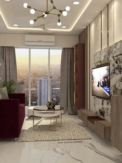 This render provides a complete view of the Bhayandar East living room, showing the TV unit, seating area, and window treatments. The combination of textures and lighting creates a warm and inviting atmosphere.