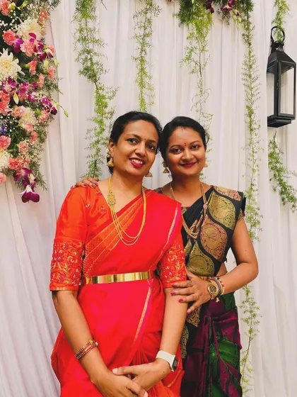 Shalini with a friend, both celebrating Navratri in their beautiful sarees. It’s moments like these that make the festival so special.