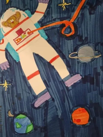 This drawing of a bear astronaut in space is a perfect example of how art fuels STEAM learning. Our classes encourage children to think about unique topics and express big ideas visually.