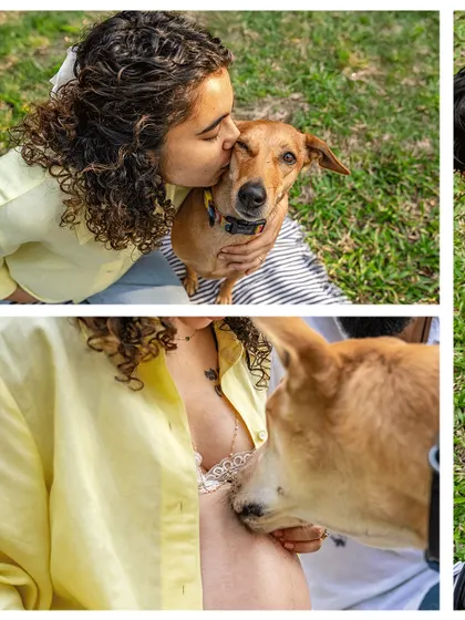 A collage from a sunny maternity session, showing an expectant mother's bond with her Indie dog. From kisses on the head to gentle nuzzles on the baby bump, these are the moments that show your pet is already a loving protector.
