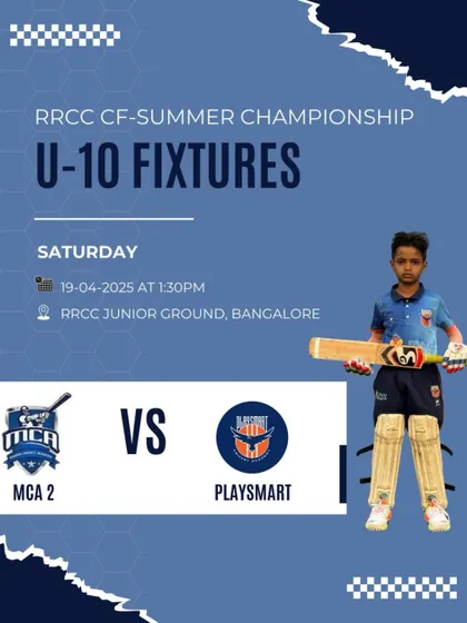 Another fixture poster for the RRCC CF-Summer Championship, highlighting the U-10 clash between Playsmart and MCA 2.