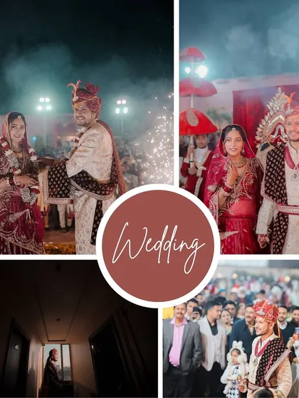 This collage provides a complete look at the wedding day, from the groom's procession and the bride's solitary portrait to the grand Varmala ceremony with sparklers. It's a summary of a beautiful love story.