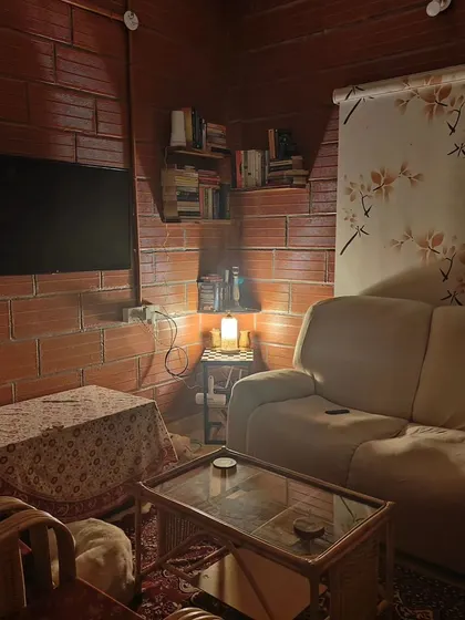 A look at our cozy living room, complete with comfy couches and a library of books. The dogs are free to hang out here with us, making it feel just like home.
