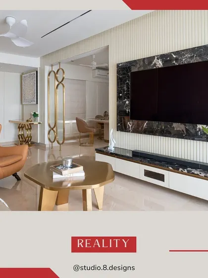 We believe in delivering exactly what we promise. This image is the final, real-life version of one of our living room designs, showing how we translate a 3D render into a tangible, beautifully crafted space, right down to the black marble TV panel and fluted wall details.