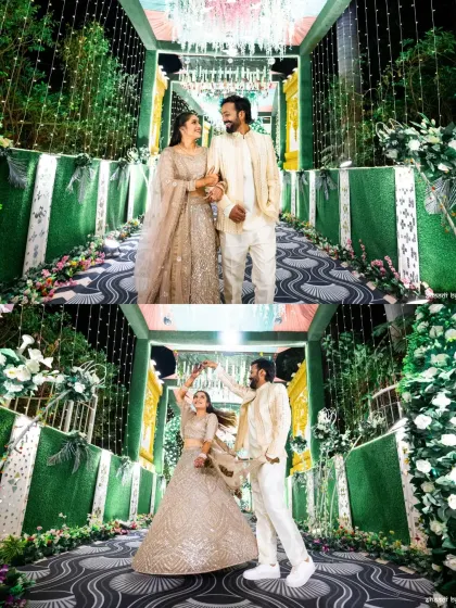 A mix of a loving glance and a playful twirl. This diptych shows both the romantic and fun sides of the couple's personality during their Sangeet night.
