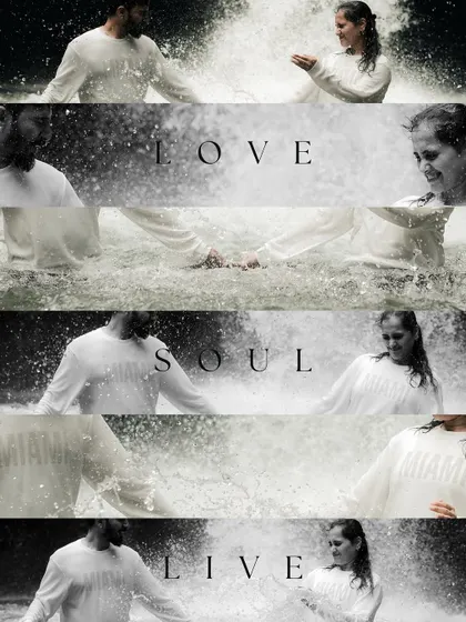 A cinematic, black and white collage that tells a story of love, soul, and life. The use of text and multiple frames creates a dynamic and emotional narrative of their waterfall shoot.
