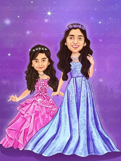 A magical birthday gift for two sisters, reimagined as their favorite princesses, Elsa and Anna, in beautiful gowns.