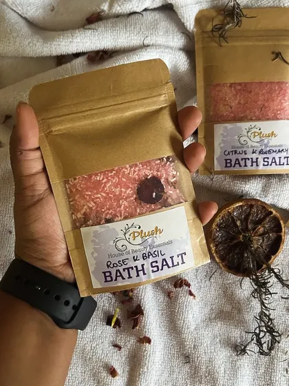 Holding a packet of my Rose & Basil bath salt. I love the beautiful colors and natural ingredients.