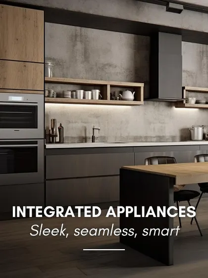 Integrated appliances are sleek, seamless, and smart. In this industrial-style kitchen, the ovens are built directly into the cabinetry, creating a clean look that complements the wood and concrete textures.