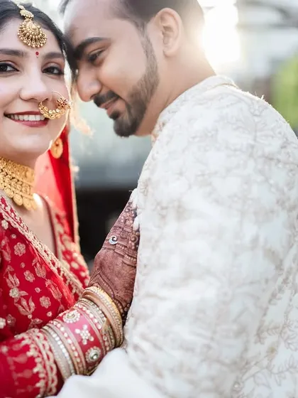A beautiful, sun-kissed portrait of the couple right after their 'first look'. The bride's smile is radiant.
