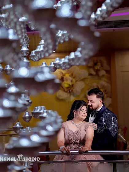 A series of portraits from an engagement, capturing the couple's love against a backdrop of sparkling disco balls.