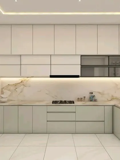 This 3D render shows a kitchen with full-height cabinets to maximize storage and prevent dust accumulation on top, a practical design choice for a maintenance-free home.