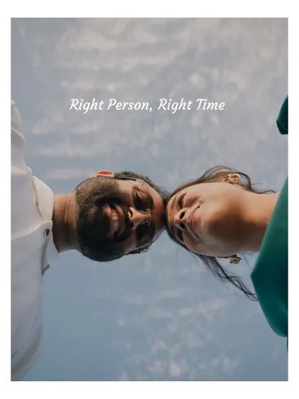 An artistic, low-angle shot of the couple against the sky, with the words "Right Person, Right Time." This creative portrait from their Udaipur pre-wedding shoot is simple yet powerful.