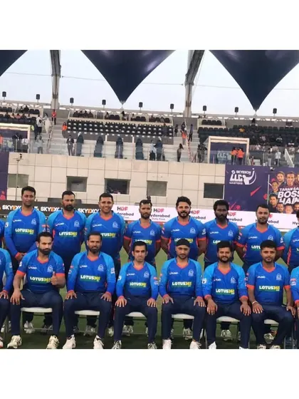 The official team photo of the India Maharajas, with Pravin Tambe standing alongside fellow legends of the game.