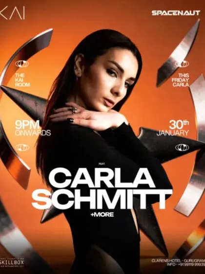 A sleek poster for a techno night at The Kai Room featuring DJ Carla Schmitt.