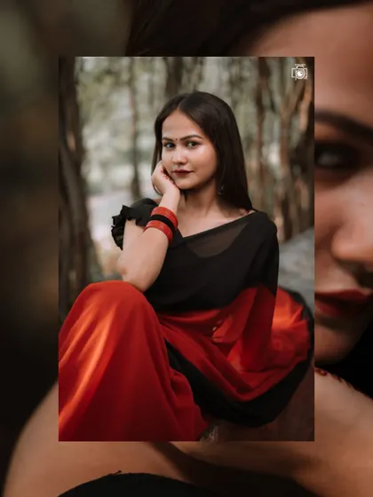 Another take from the red and black saree series, this time with a slightly different pose and framing. It shows the versatility of a single location and outfit in creating a series of beautiful images.