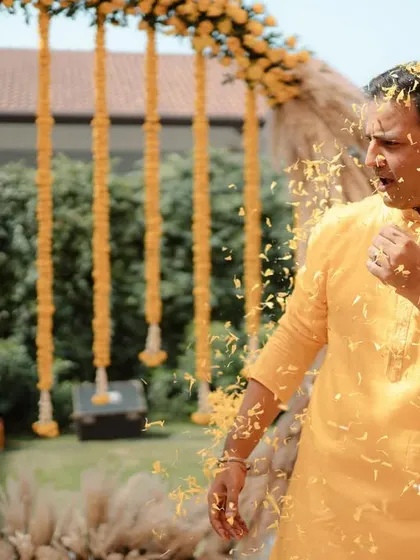 The calm before the storm. The groom, moments before his Haldi ceremony gets "yellow and crazy."