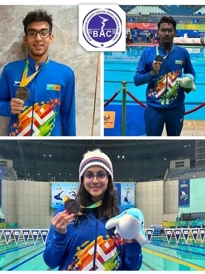 Shoan, Manikanta, and Sanjana with their medals from the BIMSTEC championship.