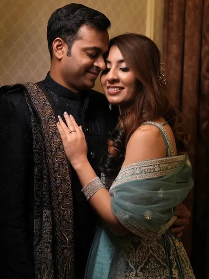 This couple's sangeet and cocktail looks were so much fun to create. The bride's makeup is fresh and vibrant, perfect for a night of dancing and celebration.