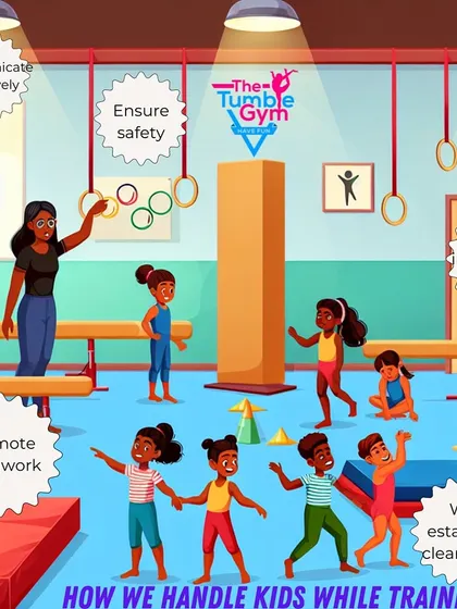 This illustration shows our core principles for handling kids during training. We focus on clear communication, ensuring safety, promoting teamwork, and keeping it fun, all while respecting each child's individual abilities within a structured and positive class setting.