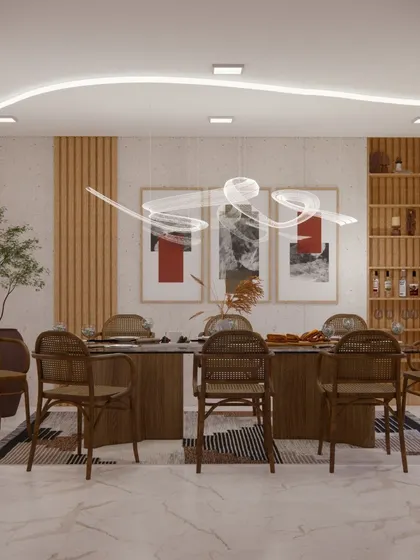 The full dining room from the 'Wicker World' series, featuring a unique wavy ceiling light and a backdrop of fluted wood panels.