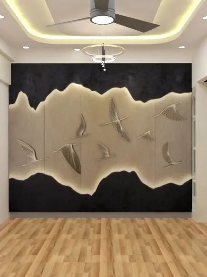 A 3D design for a living room highlight wall, featuring a custom POP art installation of birds in flight.