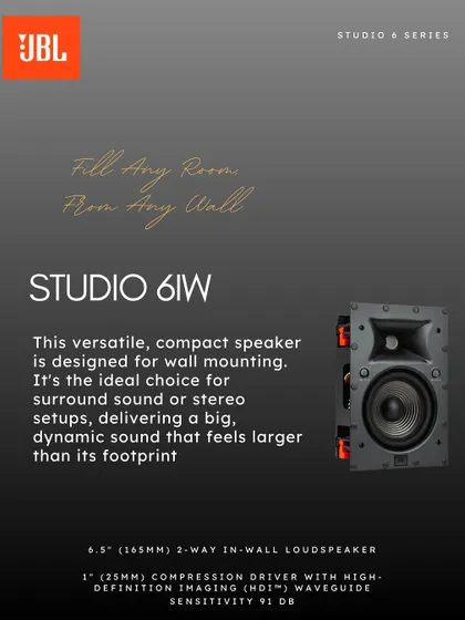 The versatile and compact JBL Studio 6IW speaker is designed for wall mounting. It is an ideal choice for surround sound or stereo setups, delivering a big, dynamic sound that feels larger than its footprint.