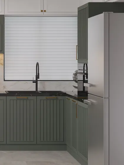 A render of a kitchen with elegant olive green shaker-style cabinets, a black countertop, and a modern black faucet.