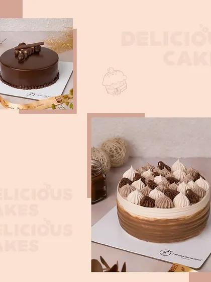 A showcase of two of our most popular chocolate cake designs. On the left, a classic chocolate truffle cake, and on the right, our elegant choco caramel cake with piped frosting.