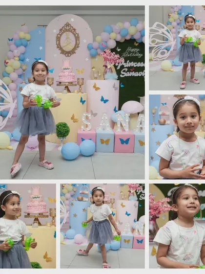 This collage shows the birthday girl, Sanavi, enjoying her magical 4th birthday party. It highlights her joyful expressions and the beautiful butterfly-themed decor.