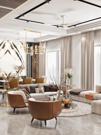 A wide-angle view of the open-concept living space, showing the seamless transition from the seating area to the dining space. This helps clients understand the overall flow and spaciousness.