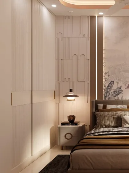 A detail shot of the custom wardrobe and textured wall paneling, demonstrating a blend of contemporary sophistication and comforting warmth.