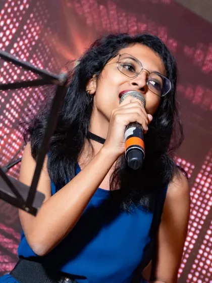 A close-up shot from a live performance. I love interacting with the audience and making sure the music connects with everyone in the room, whether it's a large hall or an intimate pub.