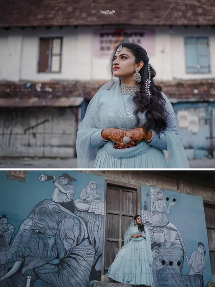 A collage showcasing the bride's modern style, posing against rustic and artistic backdrops that highlight her beautiful light blue gown.