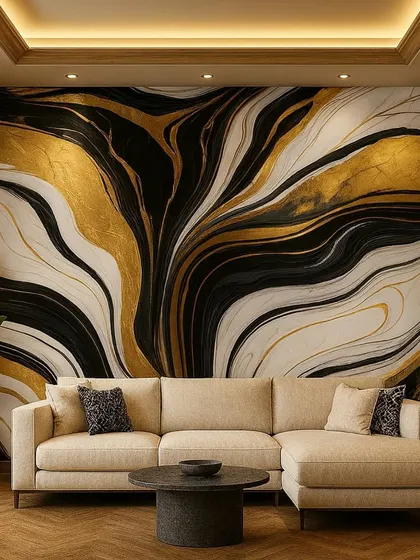 A close-up of a black, white, and gold liquid marble wallpaper. The design creates a sense of luxurious movement and is perfect for a modern feature wall.
