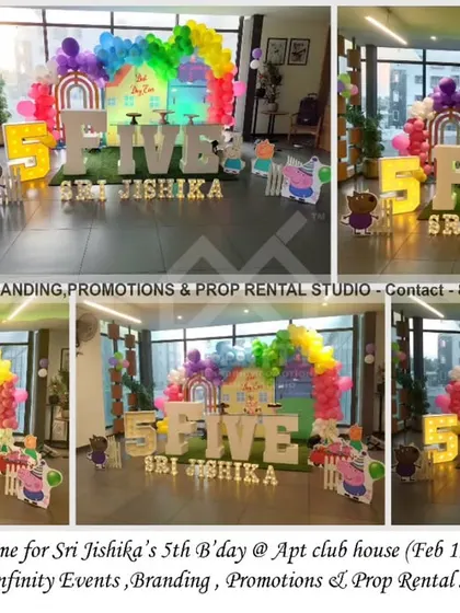 An exciting Peppa Pig theme for Sri Jishika's 5th birthday. The setup includes a "FIVE" table, a rainbow balloon arch over a grass wall, and cutouts of Peppa and her family, creating a playful scene.