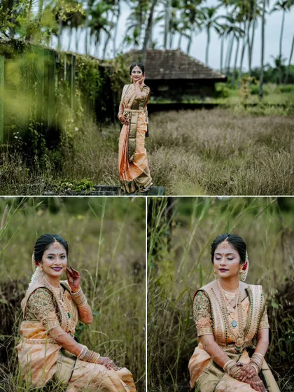 A collage of a bride posing in a field of tall grass, her serene expressions and beautiful saree standing out.