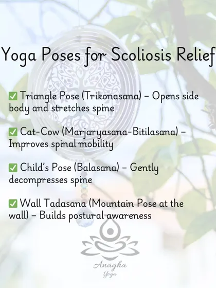A selection of yoga poses I recommend for Scoliosis relief, including Triangle Pose to open the side body and Cat-Cow to improve spinal mobility.