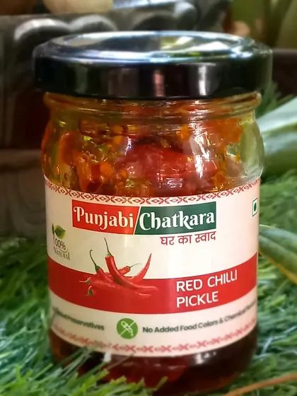 The fiery Red Chilli Pickle, perfect for adding a spicy kick to any dish.