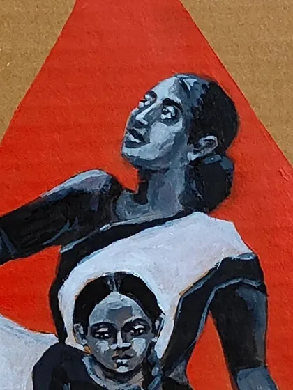 A detail shot of the mother in my painting about raising a politically aware child. Her upward gaze suggests hope and a vision for the future she is building.