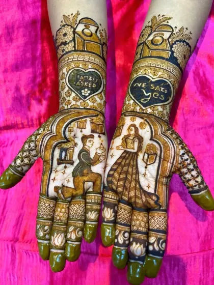 Your love story, told through henna. This personalized engagement design captures the special moment of the proposal, complete with custom messages like "Family Asked" and "We Said Yes" to make it truly one of a kind.