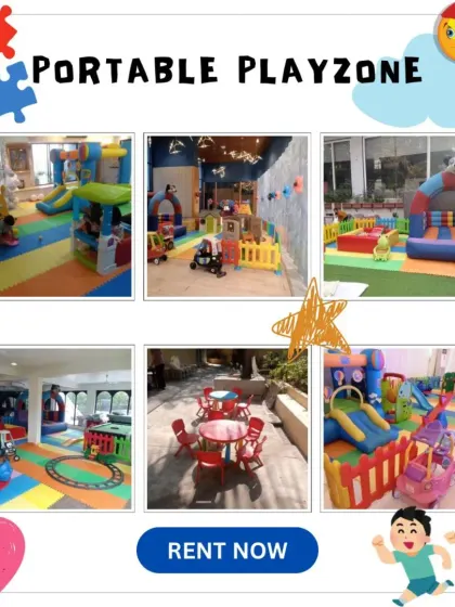 This graphic showcases six different portable playzone setups, including an indoor area with a train track and a small table and chairs set for kids. I deliver a complete party solution to your doorstep.