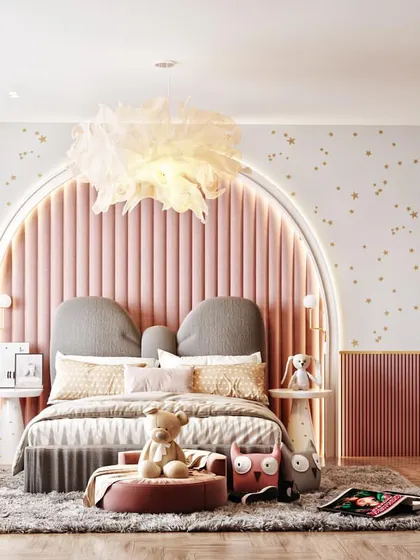 Another delightful kids' room concept, this time with a pink arched headboard, polka-dot wallpaper, and a cozy window seat. This render helps parents visualize a dream room for their child.