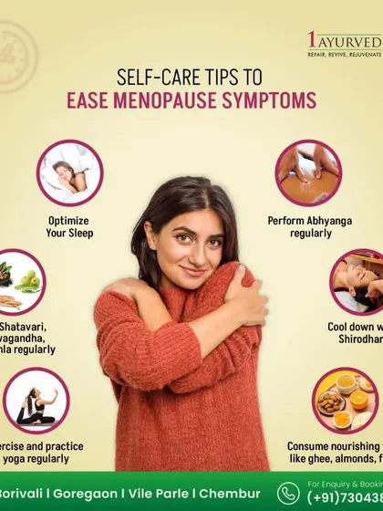 Menopause is a natural transition that can be managed smoothly with Ayurveda. This infographic provides self-care tips, including specific herbs like Shatavari, therapies like Shirodhara, and nourishing foods to help ease symptoms and support the body during this change.