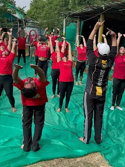 A full view of our group yoga session, with everyone moving in sync.